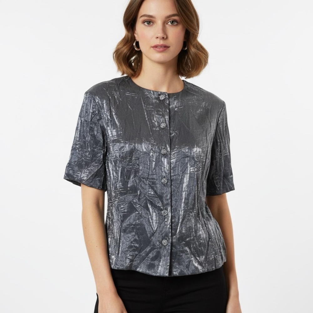 Shiny Metallic Short Sleeve Blouse Button Down
